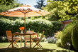 Table and chairs in a garden setting with sunshade and parasol