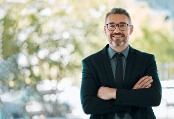 Wall Mural - Mature man, business and arms crossed outdoor for professional career and positive attitude. Portrait of happy entrepreneur or CEO person with pride, confidence or smile for corporate growth or space