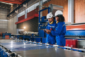 Wall Mural - Foreman checking Material or Machine. Industrial worker inspecting and check up machine at factory machines.Technician working in metal sheet at industry.