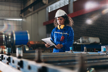 Portrait of industrial worker inspecting and check up machine at factory machines. Technician working in metal sheet at industry. Foreman checking Material or Machine.