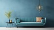 Blue sofa and pendant light against of wall with art decoration. Mid century interior design of modern living room