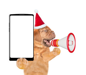 Poster - Funny puppy wearing red christmas hat shows smartphone with white blank screen and screams into a megaphone. isolated on white background