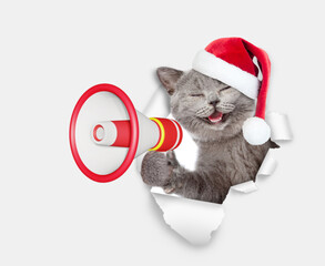 Poster - happy kitten wearing red santa hat looking through a hole in white paper and screaming into a megaph