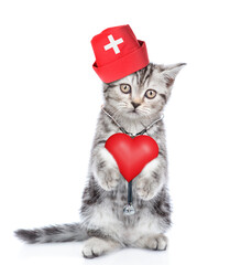 Sticker - Smart kitten wearing like a doctor with stethoscope on his neck standing on hind legs and holds red heart. isolated on white background