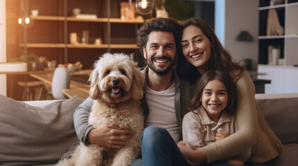 Wall Mural - Cheerful family on sofa and puppy in living room at home. Generative Ai