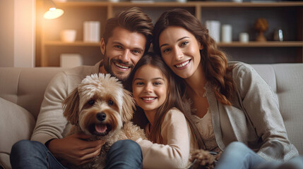 Wall Mural - Cheerful family on sofa and puppy in living room at home. Generative Ai