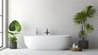 Minimalist interior design of modern bathroom with white bath tub and greenery