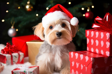 Wall Mural - Dog with red Santa hat and Christmas gifts. 