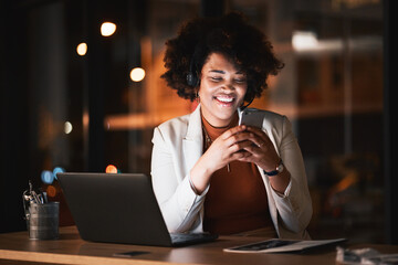 Poster - African, business woman and reading with phone at night working in office with social media, meme or funny email. Contact, communication and happy employee online in Kenya networking with cellphone