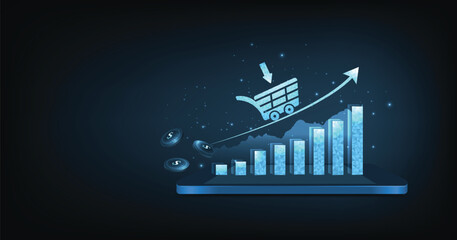 Marketing and sales volume growth concept. Increasing trend graph of sale growth with a shopping trolley cart on a dark blue background. Business online achievement goal.