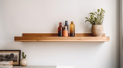 Wood floating shelf on white wall. Storage organisation for home. Interior design of modern living room. Created with Generative AI technology.