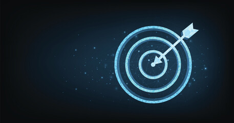 Aufkleber - Set up objectives and targets for business investment concepts. The blue round-shaped target consisting of polygons with a thin arrow represents of setting goals correctly on a dark background.