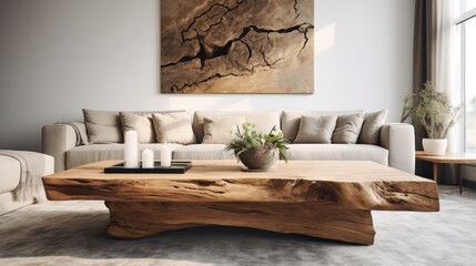 Wall Mural - Rustic live edge table and chairs near beige sofa in spacious room. Scandinavian interior design of modern living room.