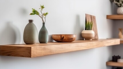 Wood floating shelf on white wall. Storage organisation for home. Interior design of modern living room. Created with Generative AI technology.