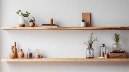 Wall Mural - Wood floating shelf on white wall. Storage organisation for home. Interior design of modern living room. Created with Generative AI technology.