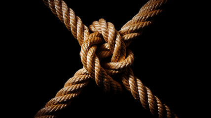 the gordian knot of rough rope is isolated on a black background