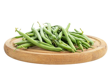 Wall Mural - Green beans on a round cutting board isolated in white background. Healthy food. Black Eyed Peas. File contains clipping path. Veganism.