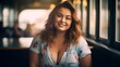 © Mickael - Portrait of a beautiful chubby young woman drinking a cup of coffee in a cafe or canteen. A plus-size young plump lady with an curly hairstyle is stylishly dressed sitting in a cafe. Generative ai
