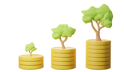 3d render of tree growing on pile of coins