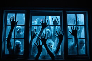 Wall Mural - Spooky many zombie hands outside the window, blue glowing. Halloween concept.