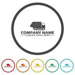 Sticker -  Garbage truck logo template. Set icons in color circle buttons