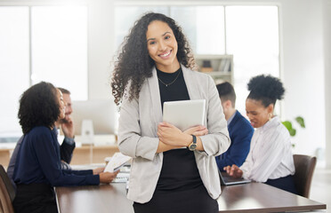 Poster - Business woman, portrait and tablet in meeting with team for project management or discussion of digital marketing strategy. Corporate, employee and professional work in Brazil in online research