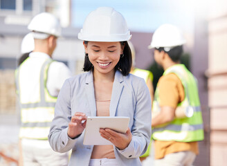 Poster - Tablet, woman in engineering and architect on construction site with building engineer group for team planning, inspection and property renovation. Smile, Asian person and project leader for repair