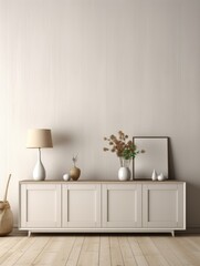 Wall Mural - Interior of living room with white sideboard over wooden mock up wall. Home background design