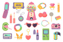 Retro 90s 2000s Clipart Set. Cute Y2k Glamour Fashion Patches, Badges, Emblems, Stickers. Modern Flat Cartoon Style. Trendy Old School Collection.