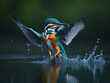 Kingfisher (Alcedo atthis) landing on the water.