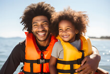 Happy Poc Dad And Child On Boat Wearing Orange Life Jacket	