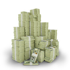 Wall Mural - Big stacks of US dollar notes. A lot of money isolated on transparent background. 3d rendering of bundles of arranged cash, unted states dollars