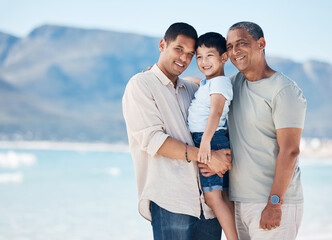 Sticker - Happy, portrait and a family at the beach for a vacation, walking by the sea or travel together. Care, smile and a father, grandfather and a child at the ocean in the morning for a holiday in summer