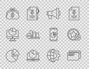 Poster - set line pie chart infographic, credit card, megaphone, laptop with, wallet dollar, globe of the ear