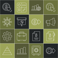 Poster - Set line Job promotion, Contract money and pen, Megaphone, Pie chart infographic dollar, Graph, chart, diagram,, Business network communication, Cursor coin and Coin with icon. Vector