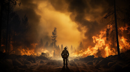 Wall Mural - firefighter on the background of a forest fire view from the back