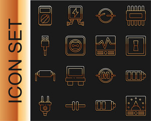 Poster - Set line Ampere meter, voltmeter, Battery charge level indicator, Electric light switch, circuit scheme, Electrical outlet, USB cable cord, Multimeter and measuring instruments icon. Vector