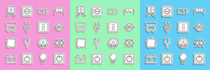 Poster - Set line Electric light switch, circuit scheme, Battery charge level indicator, plug, Fuse, transformer and icon. Vector