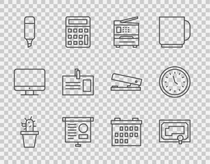 Poster - Set line Cactus and succulent in pot, Certificate template, Printer, Chalkboard with diagram, Marker pen, Identification badge, Calendar and Clock icon. Vector