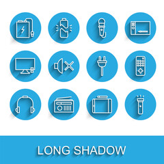 Poster - Set line Headphones, Radio with antenna, Power bank charge cable, Graphic tablet, Flashlight, Speaker mute, Remote control and Electric plug icon. Vector