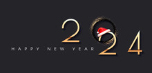 Happy New 2024 Year Elegant Gold Text With Santa Claus Hat. Minimal Text Template.