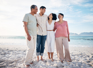 Canvas Print - Sea, senior parents and adult children together with smile, love and hug on summer holiday in Mexico. Embrace, happy family support and mature mother, father and generations on beach vacation travel.