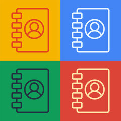 Poster - Pop art line Address book icon isolated on color background. Notebook, address, contact, directory, phone, telephone book icon. Vector