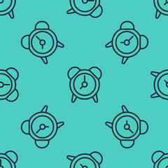 Poster - Black line Alarm clock icon isolated seamless pattern on green background. Wake up, get up concept. Time sign. Vector