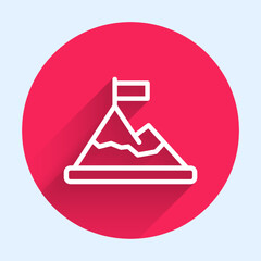Poster - White line Mountains with flag on top icon isolated with long shadow background. Symbol of victory or success concept. Goal achievement. Red circle button. Vector