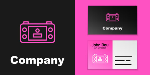Poster - Pink line Portable video game console icon isolated on black background. Handheld console gaming. Logo design template element. Vector