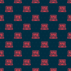 Poster - Red line Sound or audio recorder or editor software on laptop icon isolated seamless pattern on black background. Vector