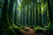 An Ancient Forest With Towering Trees, Capturing The Notion Of Time Standing Still In The Midst Of Nature's Eternal Cycles