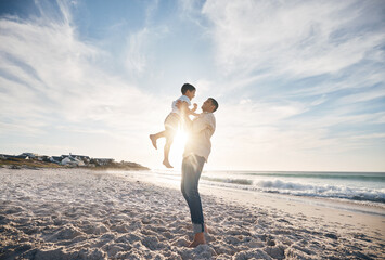 Poster - Blue sky, father and child on beach, playing and bonding together on summer vacation in Hawaii. Sand, sun and ocean, dad and son with playful games on tropical island holiday with love, trust and fun