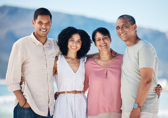 Sticker - Portrait, couple and senior parents on beach together with smile, love and summer holiday in Mexico. Embrace, happy family support and mom, dad and ocean holiday travel hug with man, woman and nature